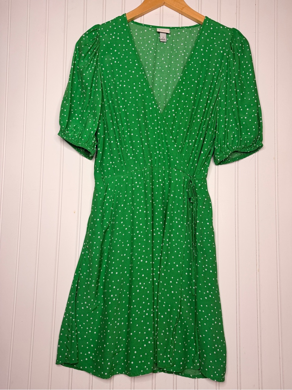 A New Day Green Polka Dot Wrap Dress Sz S Puff Sleeve Side Tie Pockets
